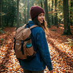 Woman wearing organic cotton denim chore jacket with a recycled sustainable backpack in a forest during autumn.