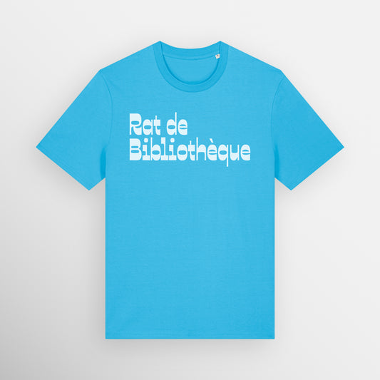 Aqua Blue coloured regular fit t-shirt with Rat de Bibliothèque written on the front in white, which is French for bookworm.