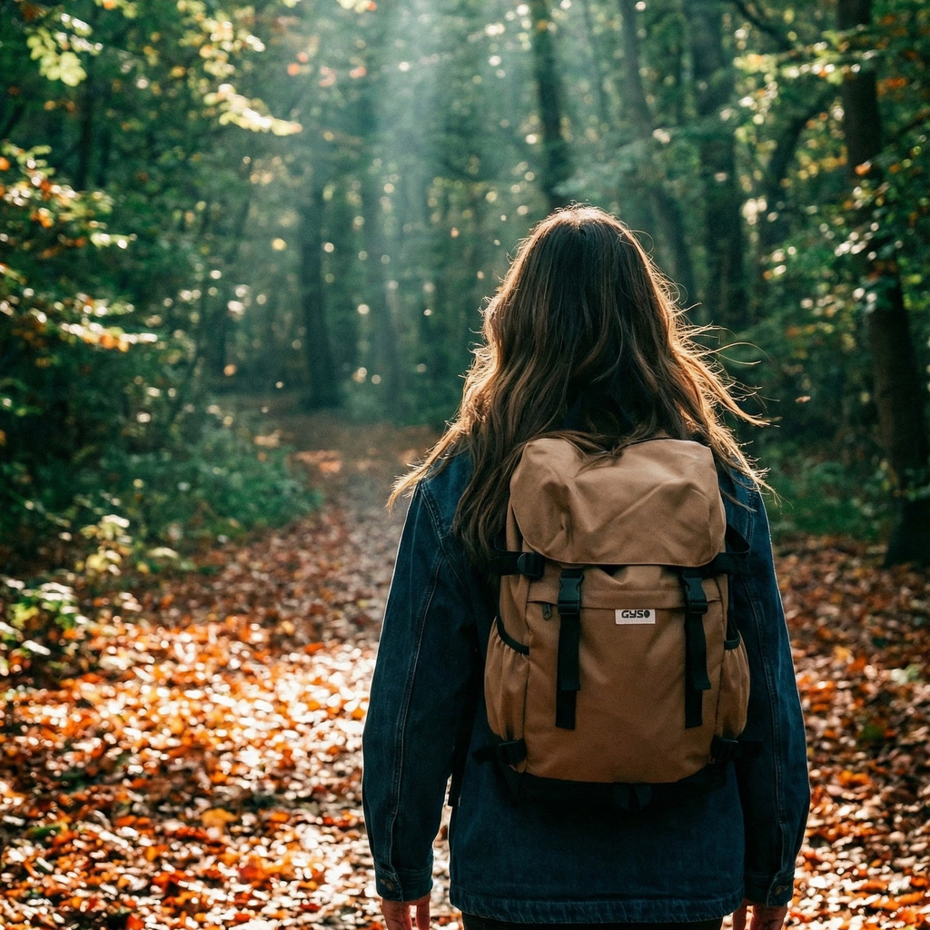 Woman walking through an autumnal forest wearing our organic cotton denim chore jacket and using the recycled sustainable backpack to carry her belongings.