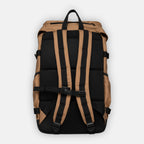 Back view of camel coloured sustainable eco-friendly backpack showing the padded back of the bag and the two main shoulder straps and a zipped pocket on top.