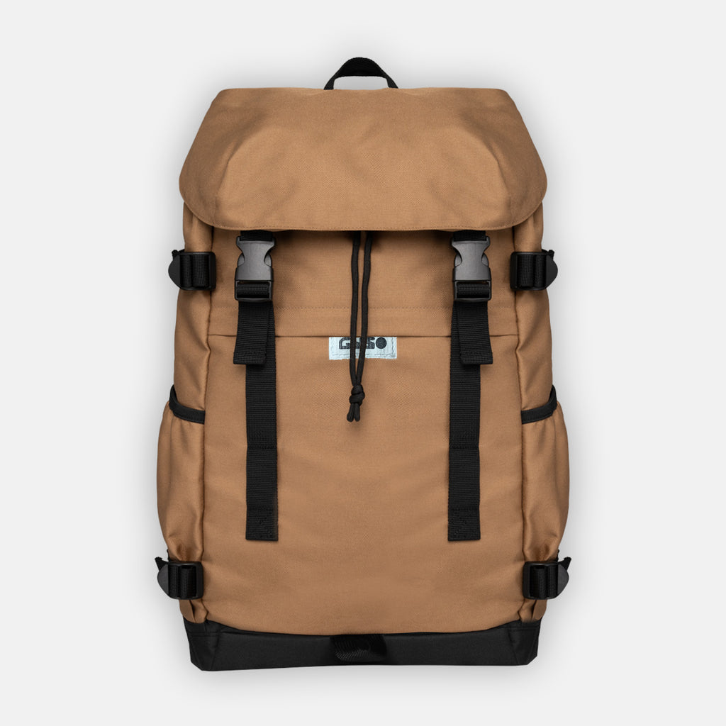 Deep Camel sustainable recycled plastic backpack with laptop sleeve and inner organisational pockets.