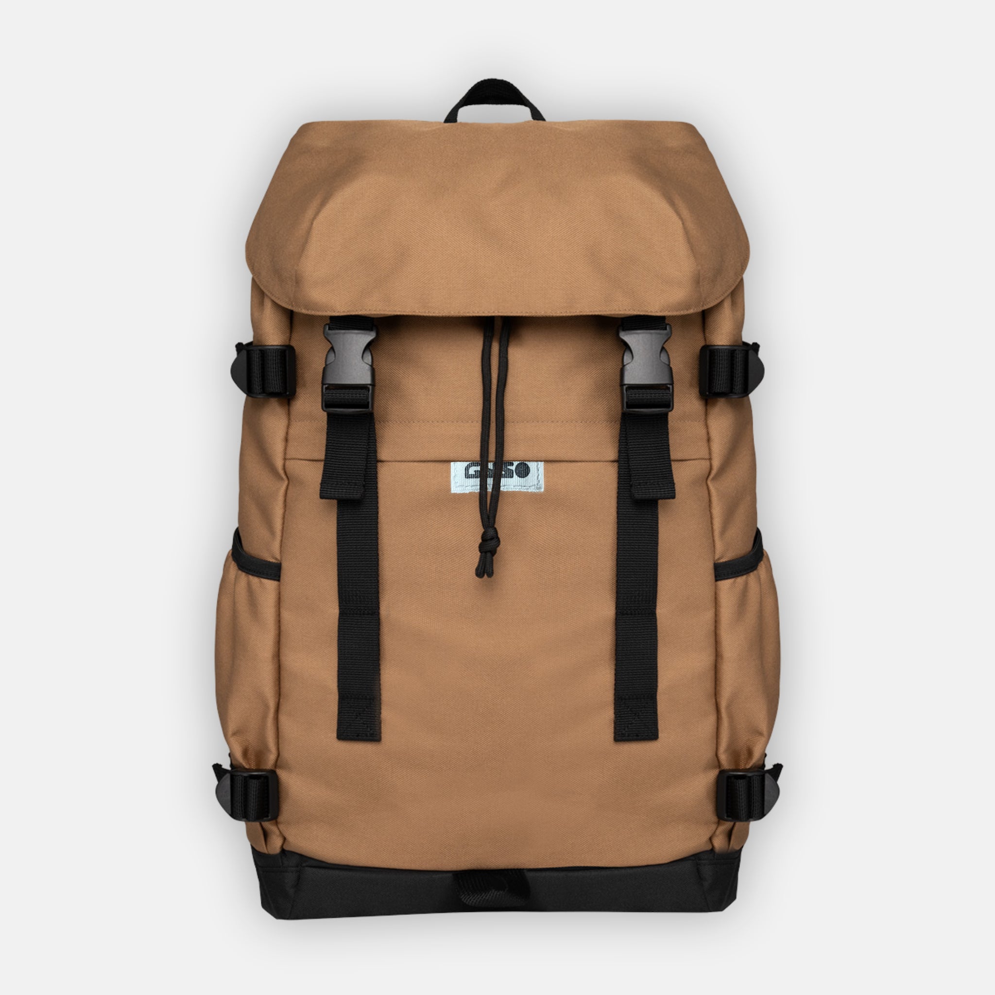 Deep Camel sustainable recycled plastic backpack with laptop sleeve and inner organisational pockets.