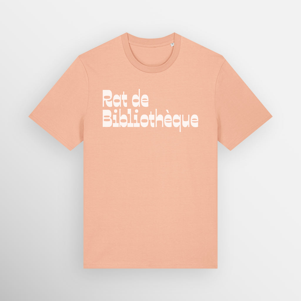 Fresh Peach coloured regular fit t-shirt with Rat de Bibliothèque written on the front in white, which is French for bookworm.