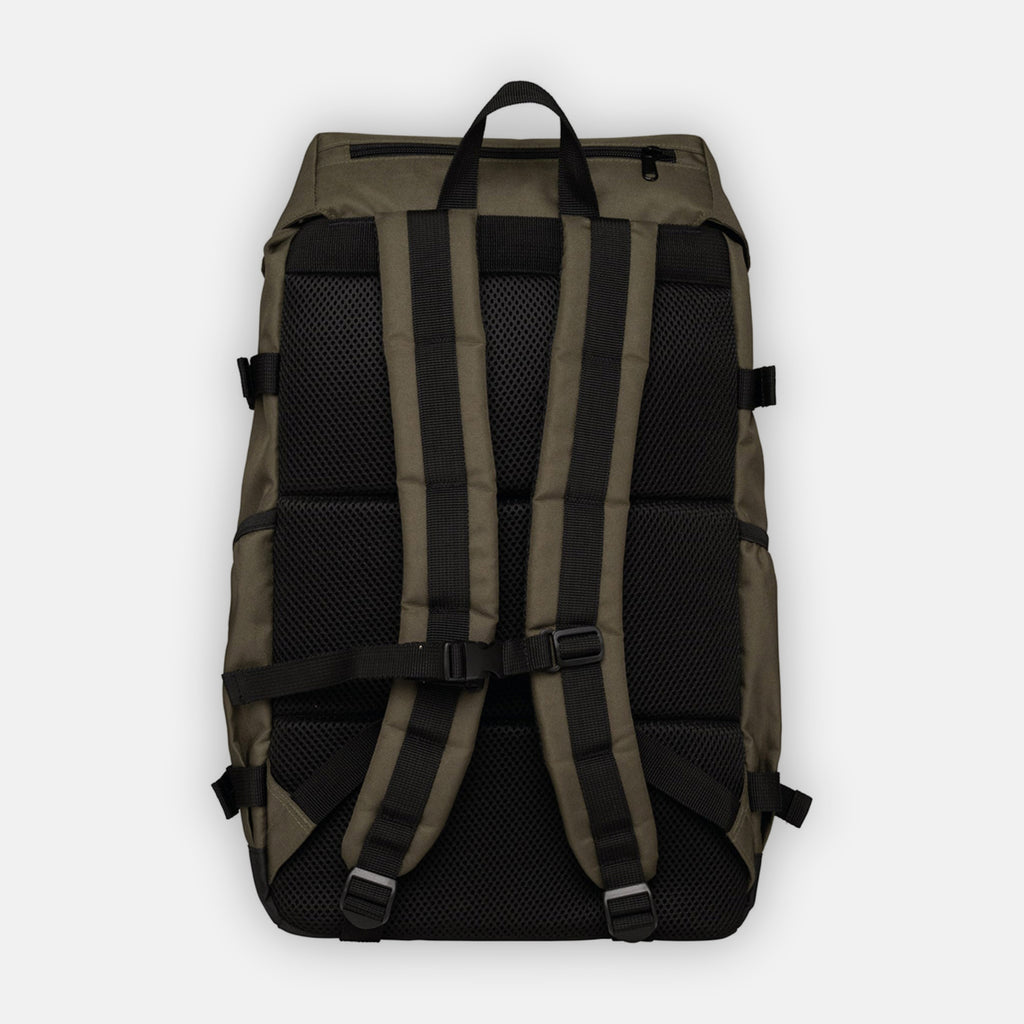 Back view of khaki coloured sustainable backpack made from recycled plastic bottles, showing the padded back of the bag and the two main shoulder straps and a zipped pocket on top.
