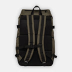 Back view of khaki coloured sustainable backpack made from recycled plastic bottles, showing the padded back of the bag and the two main shoulder straps and a zipped pocket on top.
