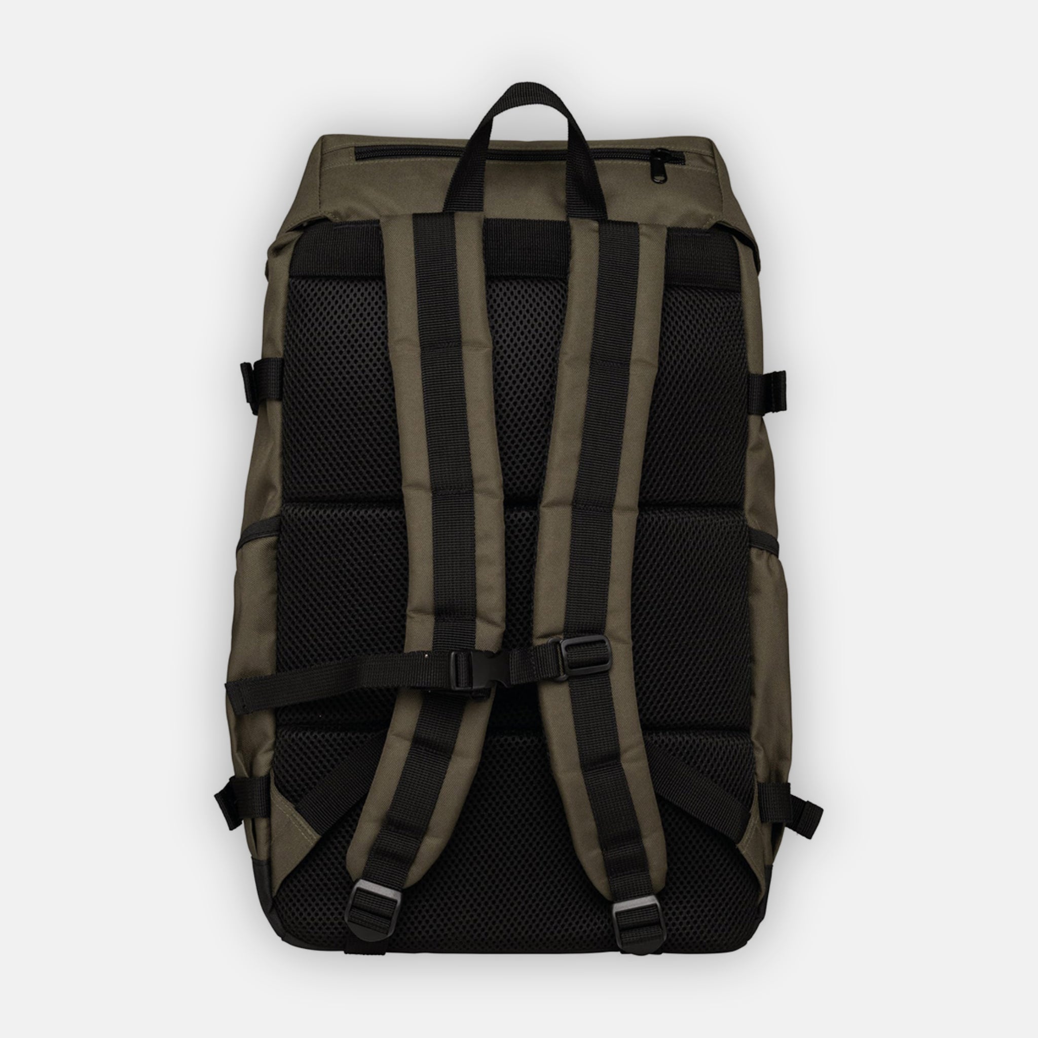 Back view of khaki coloured sustainable backpack made from recycled plastic bottles, showing the padded back of the bag and the two main shoulder straps and a zipped pocket on top.