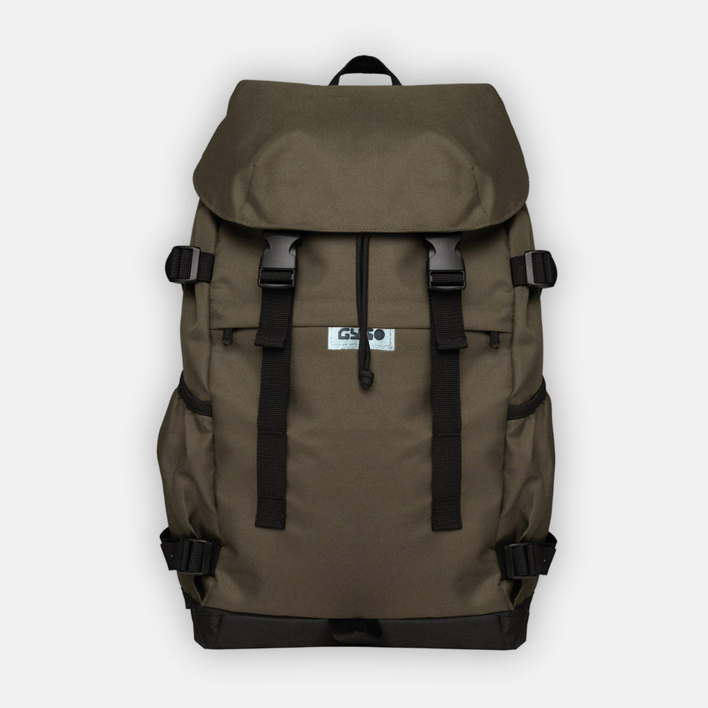 Heritage Khaki coloured sustainable eco-friendly backpack made from recycled plastic bottles and featuring a laptop sleeve and many pockets for drinks and other essentials.