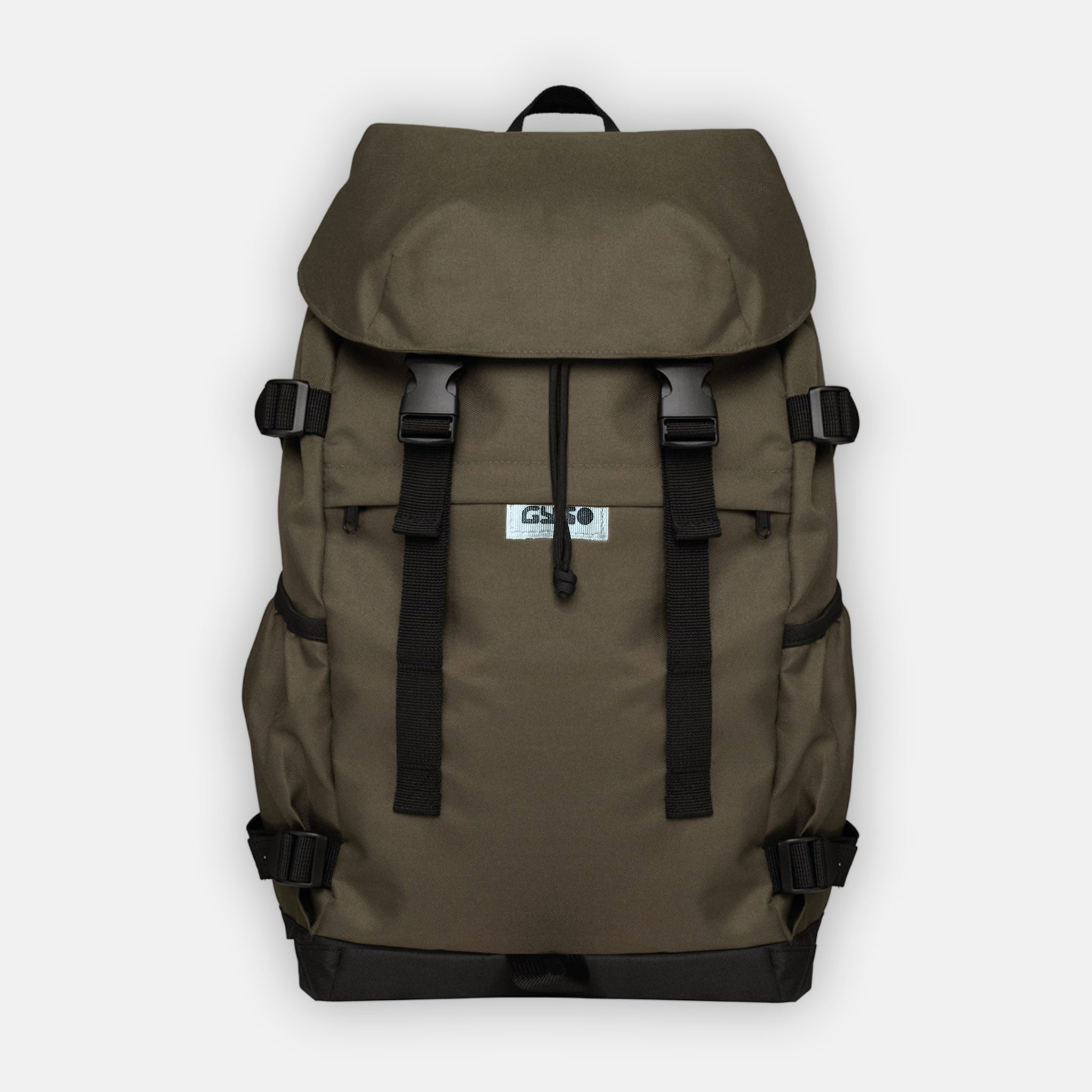Heritage Khaki coloured sustainable eco-friendly backpack made from recycled plastic bottles and featuring a laptop sleeve and many pockets for drinks and other essentials.