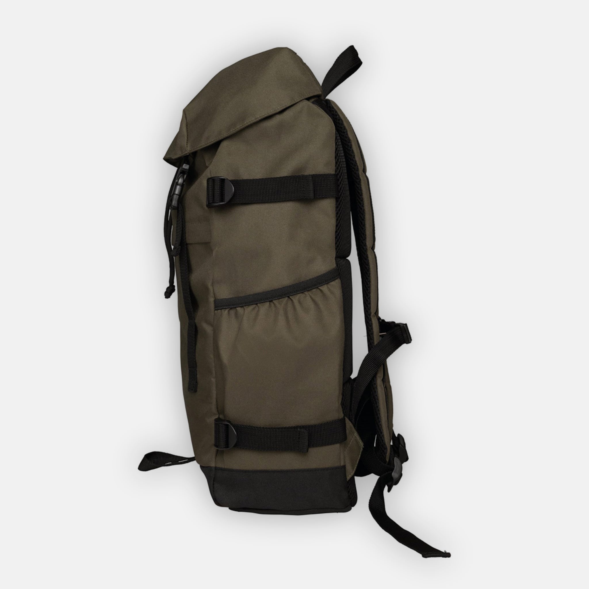 Side view of a khaki coloured recycled backpack with carry handles, straps, and drinks pocket.