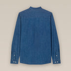 Back view of a mid wash blue men's denim shirt laid flat against a neutral background