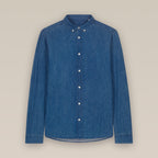 Mid wash blue men's denim shirt laid flat against a neutral background.