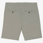 Back view of men's almond green coloured chino shorts with recycled button closures on two back pockets, and belt loops, shown flat against a neutral background.