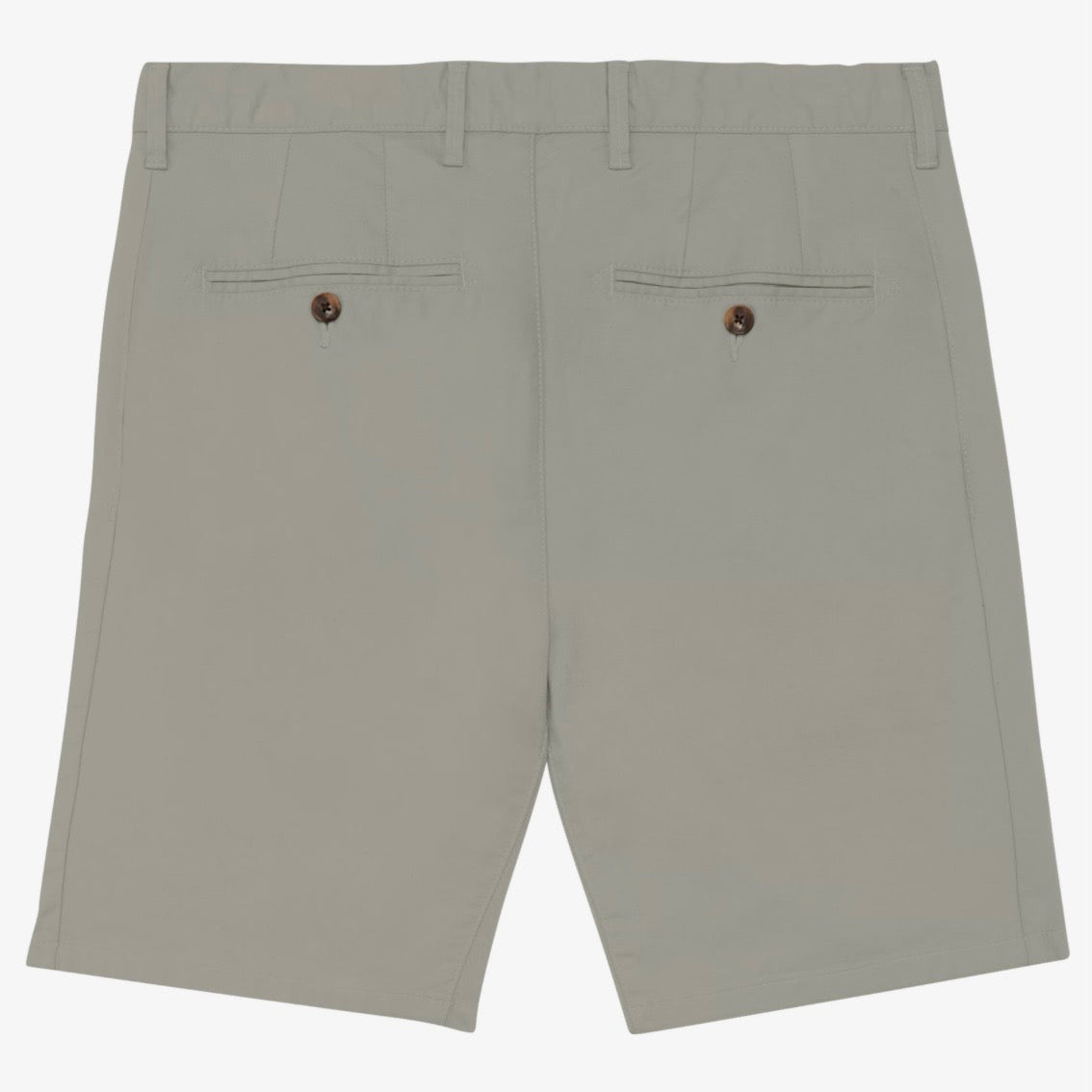 Back view of men's almond green coloured chino shorts with recycled button closures on two back pockets, and belt loops, shown flat against a neutral background.