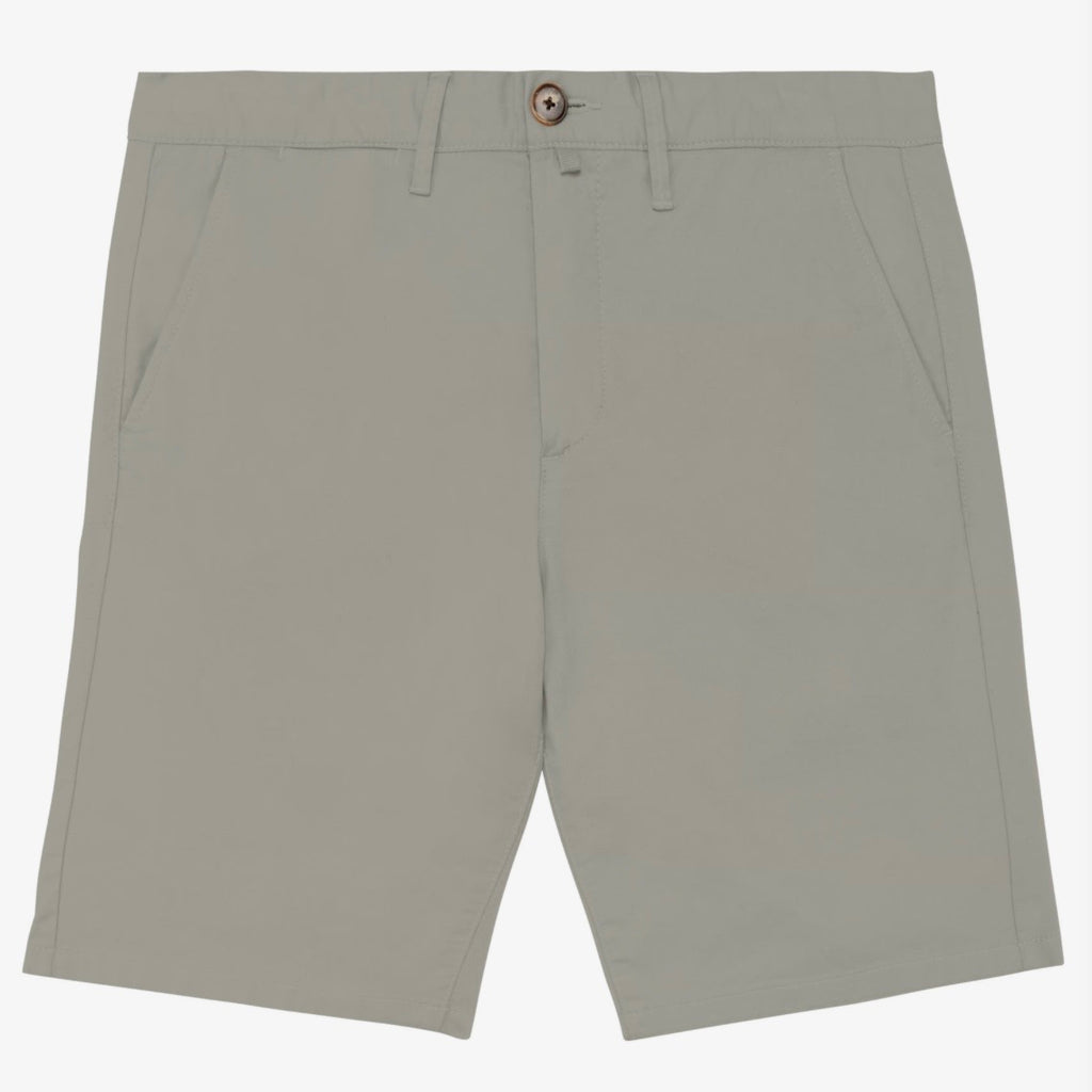 Men's almond green coloured chino shorts with a recycled button closure, recycled metal zip, belt loops, and side pockets, shown flat against a neutral background.
