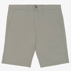 Men's almond green coloured chino shorts with a recycled button closure, recycled metal zip, belt loops, and side pockets, shown flat against a neutral background.