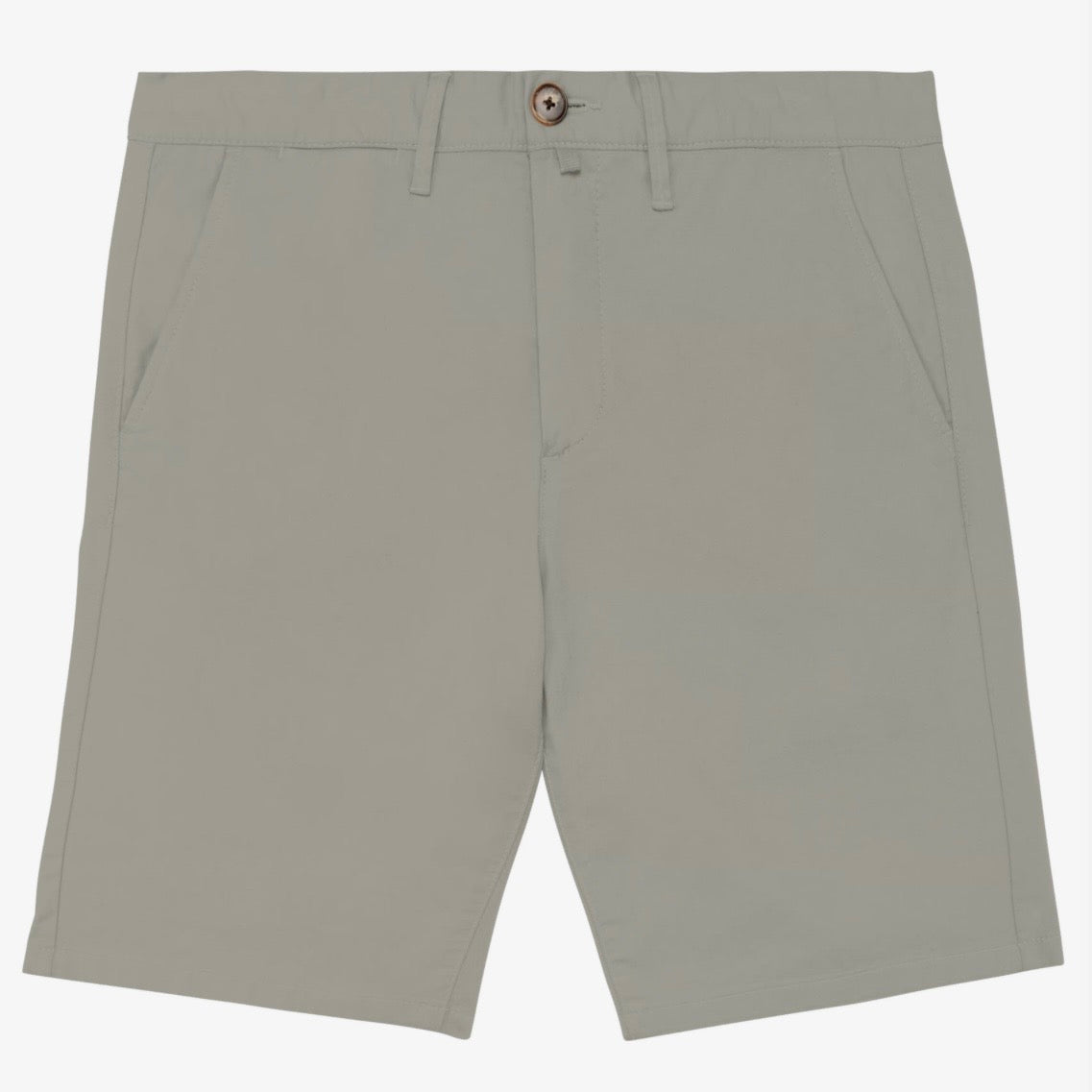 Men's almond green coloured chino shorts with a recycled button closure, recycled metal zip, belt loops, and side pockets, shown flat against a neutral background.
