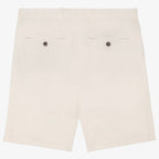 Back view of men's ivory coloured chino shorts with recycled button closures on two back pockets, and belt loops, shown flat against a neutral background.