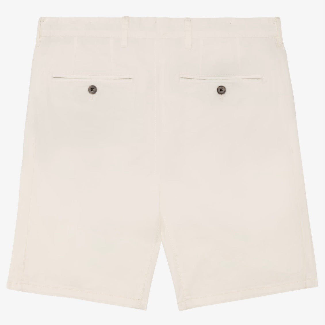 Back view of men's ivory coloured chino shorts with recycled button closures on two back pockets, and belt loops, shown flat against a neutral background.