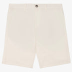 Men's ivory coloured chino shorts with a recycled button closure, recycled metal zip, belt loops, and side pockets, shown flat against a neutral background.
