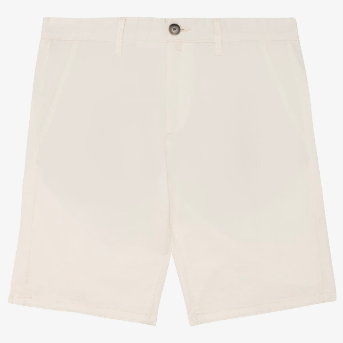 Men's ivory coloured chino shorts with a recycled button closure, recycled metal zip, belt loops, and side pockets, shown flat against a neutral background.