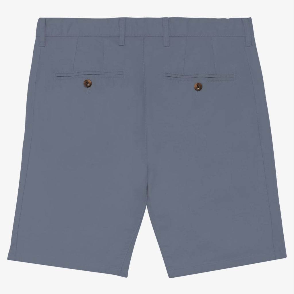 Back view of men's mineral grey coloured chino shorts with recycled button closures on two back pockets, and belt loops, shown flat against a neutral background.