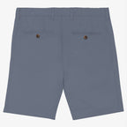 Back view of men's mineral grey coloured chino shorts with recycled button closures on two back pockets, and belt loops, shown flat against a neutral background.