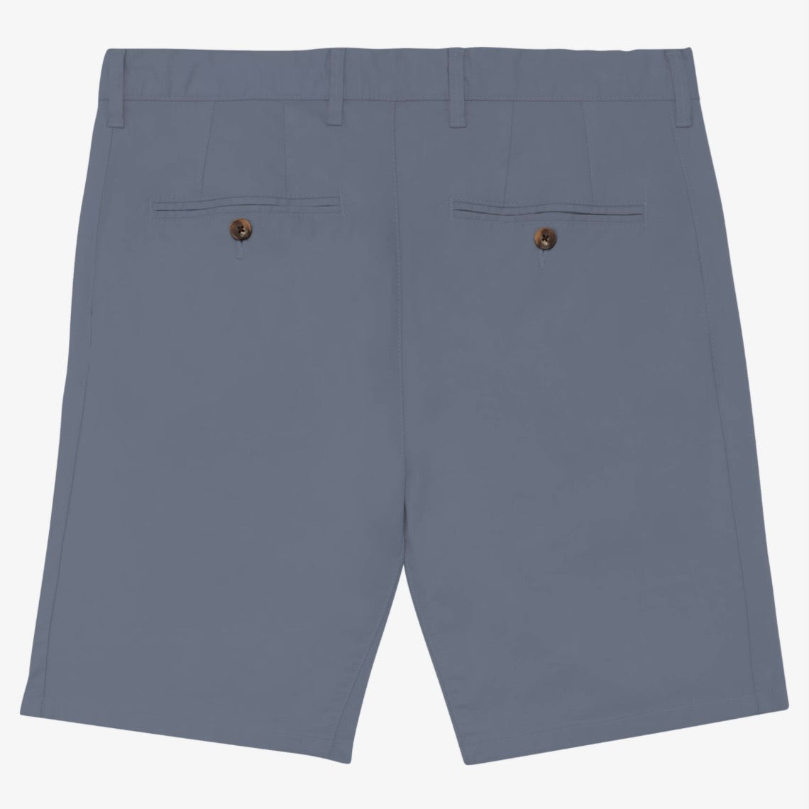 Back view of men's mineral grey coloured chino shorts with recycled button closures on two back pockets, and belt loops, shown flat against a neutral background.