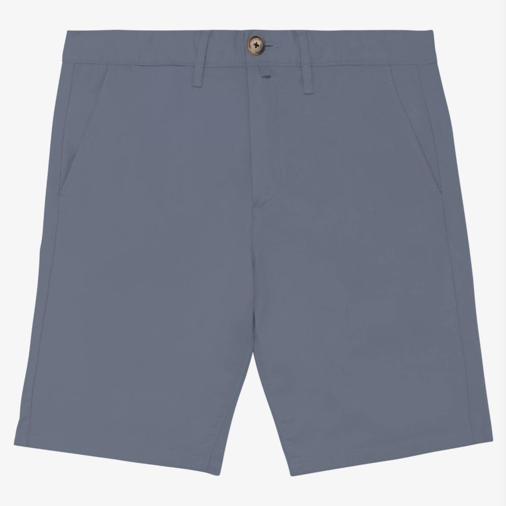 Men's mineral grey coloured chino shorts with a recycled button closure, recycled metal zip, belt loops, and side pockets, shown flat against a neutral background.