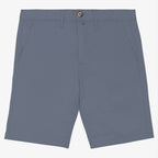 Men's mineral grey coloured chino shorts with a recycled button closure, recycled metal zip, belt loops, and side pockets, shown flat against a neutral background.