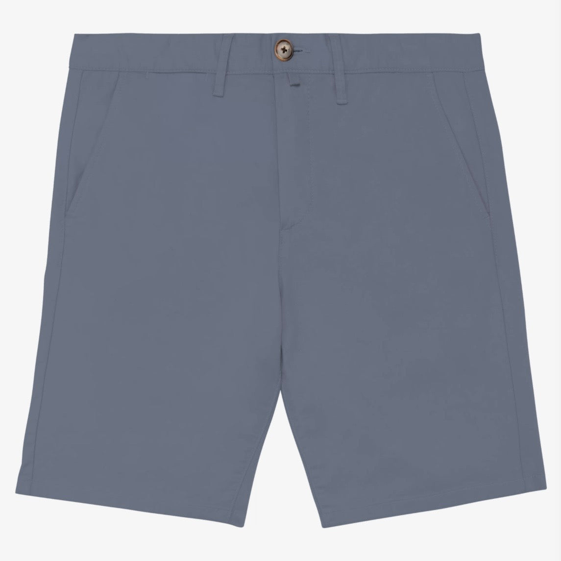 Men's mineral grey coloured chino shorts with a recycled button closure, recycled metal zip, belt loops, and side pockets, shown flat against a neutral background.