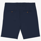 Back view of men's navy coloured chino shorts with recycled button closures on two back pockets, and belt loops, shown flat against a neutral background.