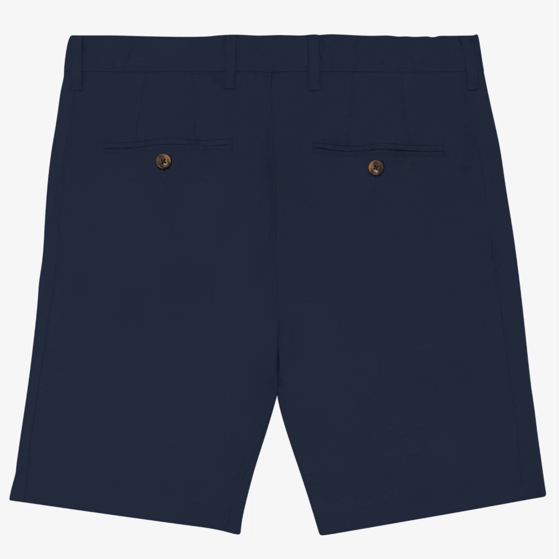Back view of men's navy coloured chino shorts with recycled button closures on two back pockets, and belt loops, shown flat against a neutral background.