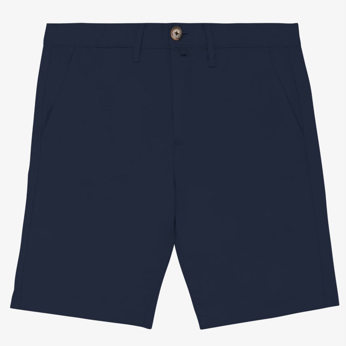 Men's navy coloured chino shorts with a recycled button closure, recycled metal zip, belt loops, and side pockets, shown flat against a neutral background.