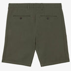 Back view of men's organic khaki coloured chino shorts with recycled button closures on two back pockets, and belt loops, shown flat against a neutral background.