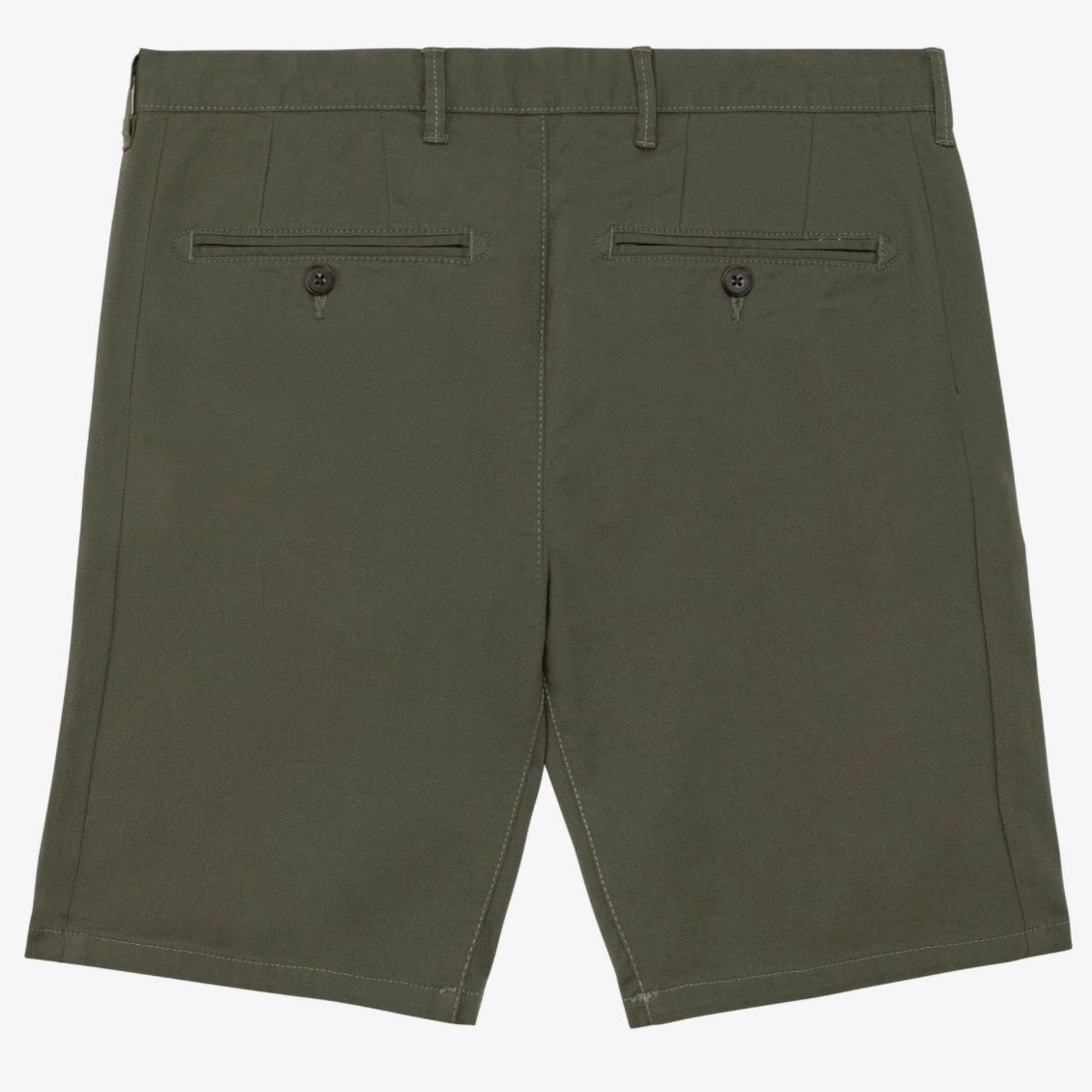 Back view of men's organic khaki coloured chino shorts with recycled button closures on two back pockets, and belt loops, shown flat against a neutral background.