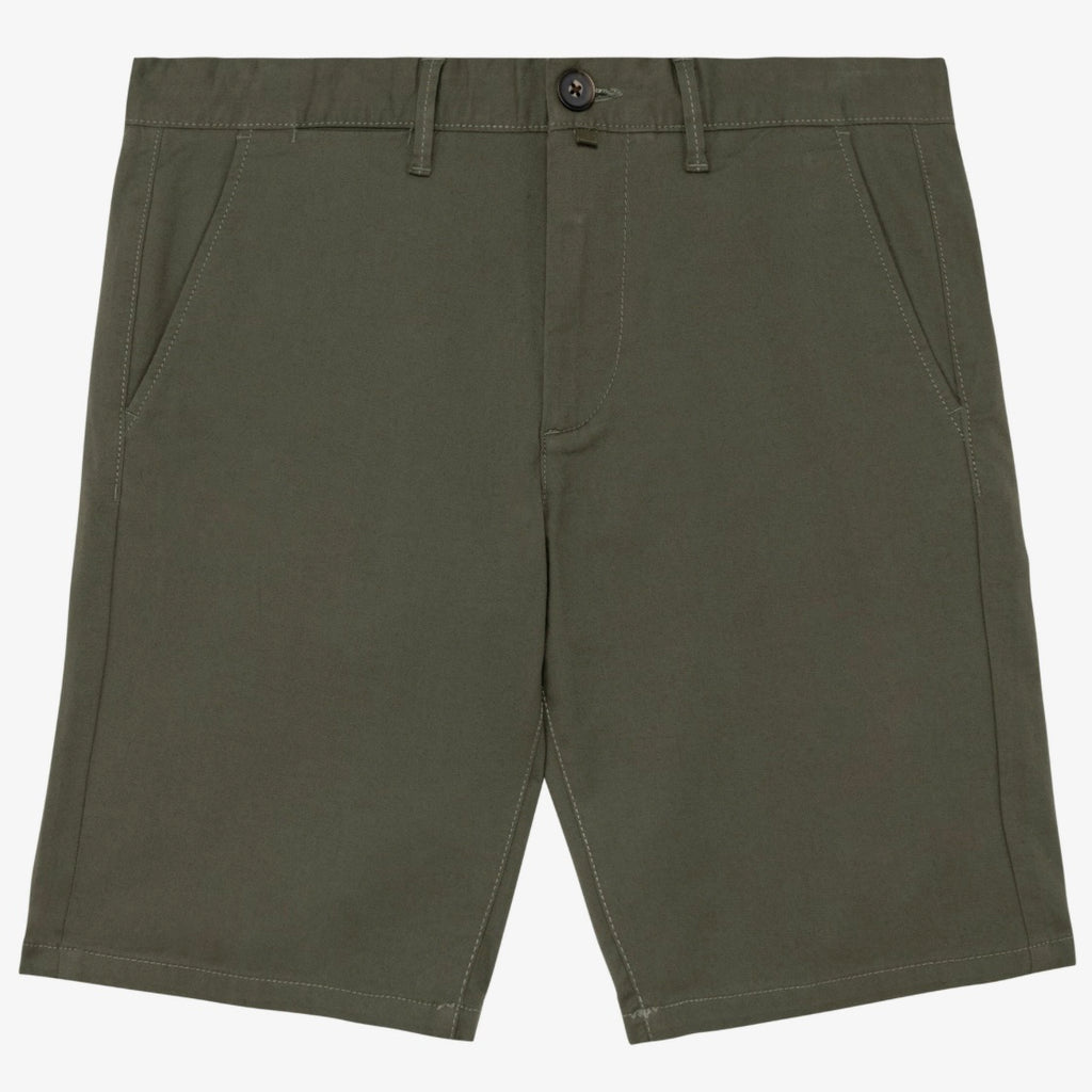 Men's organic khaki coloured chino shorts with a recycled button closure, recycled metal zip, belt loops, and side pockets, shown flat against a neutral background.