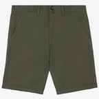 Men's organic khaki coloured chino shorts with a recycled button closure, recycled metal zip, belt loops, and side pockets, shown flat against a neutral background.