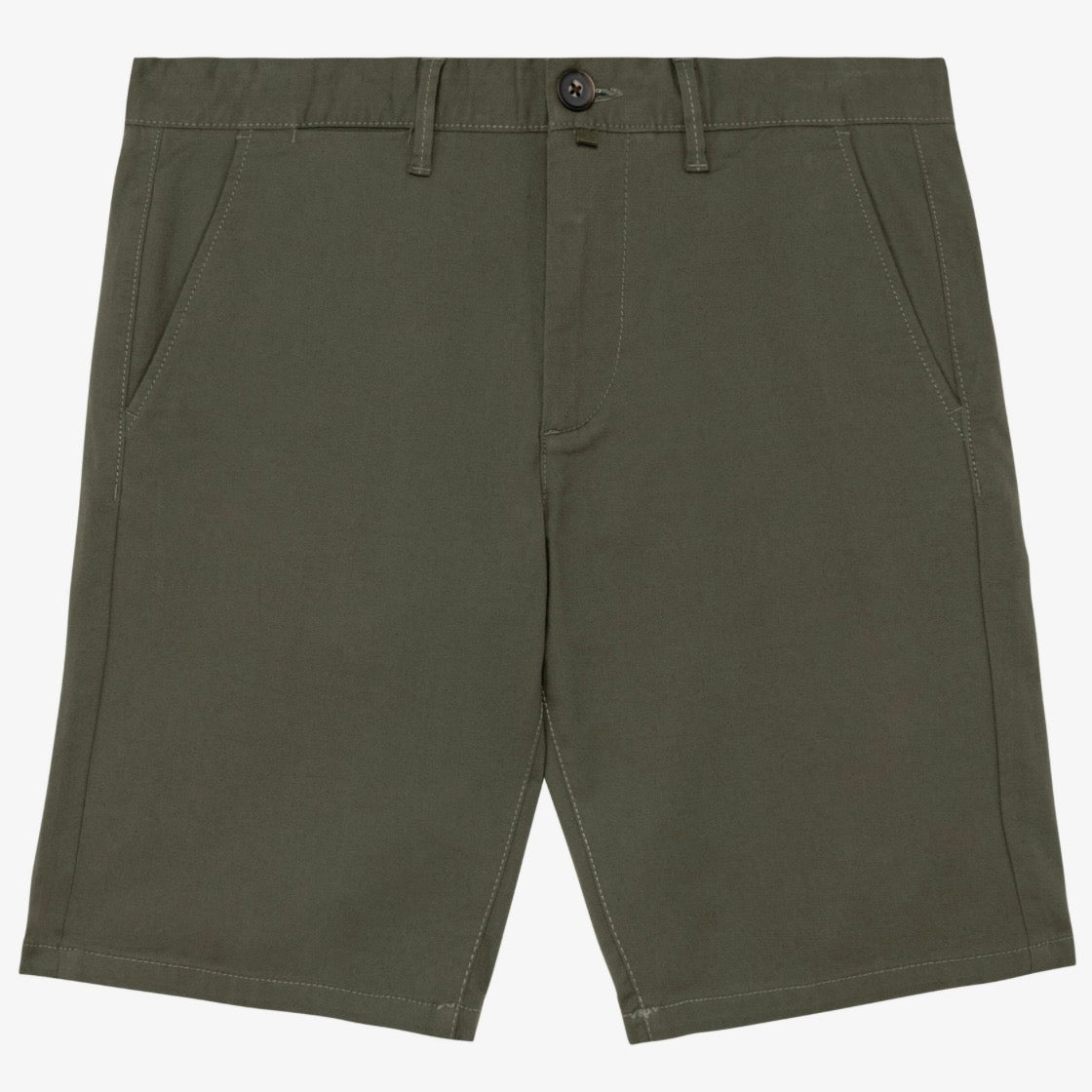 Men's organic khaki coloured chino shorts with a recycled button closure, recycled metal zip, belt loops, and side pockets, shown flat against a neutral background.