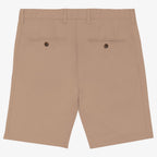 Back view of men's sand dune coloured chino shorts with recycled button closures on two back pockets, and belt loops, shown flat against a neutral background.