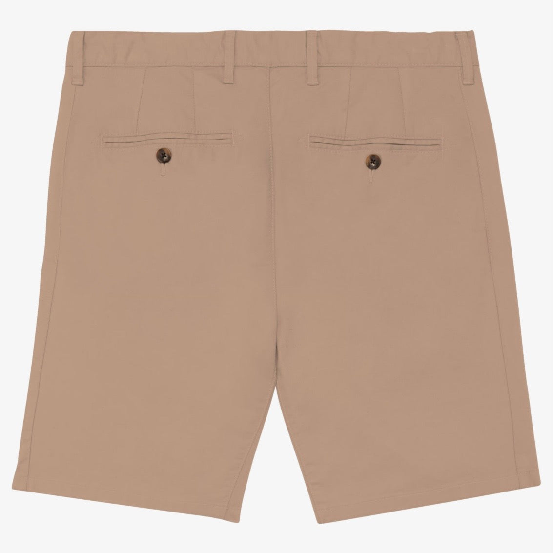 Back view of men's sand dune coloured chino shorts with recycled button closures on two back pockets, and belt loops, shown flat against a neutral background.