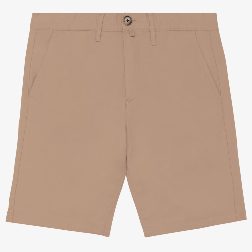 Men's sand dune coloured chino shorts with a recycled button closure, recycled metal zip, belt loops, and side pockets, shown flat against a neutral background.