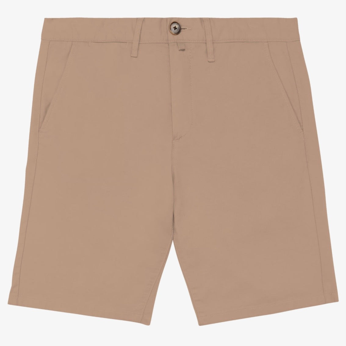 Men's sand dune coloured chino shorts with a recycled button closure, recycled metal zip, belt loops, and side pockets, shown flat against a neutral background.