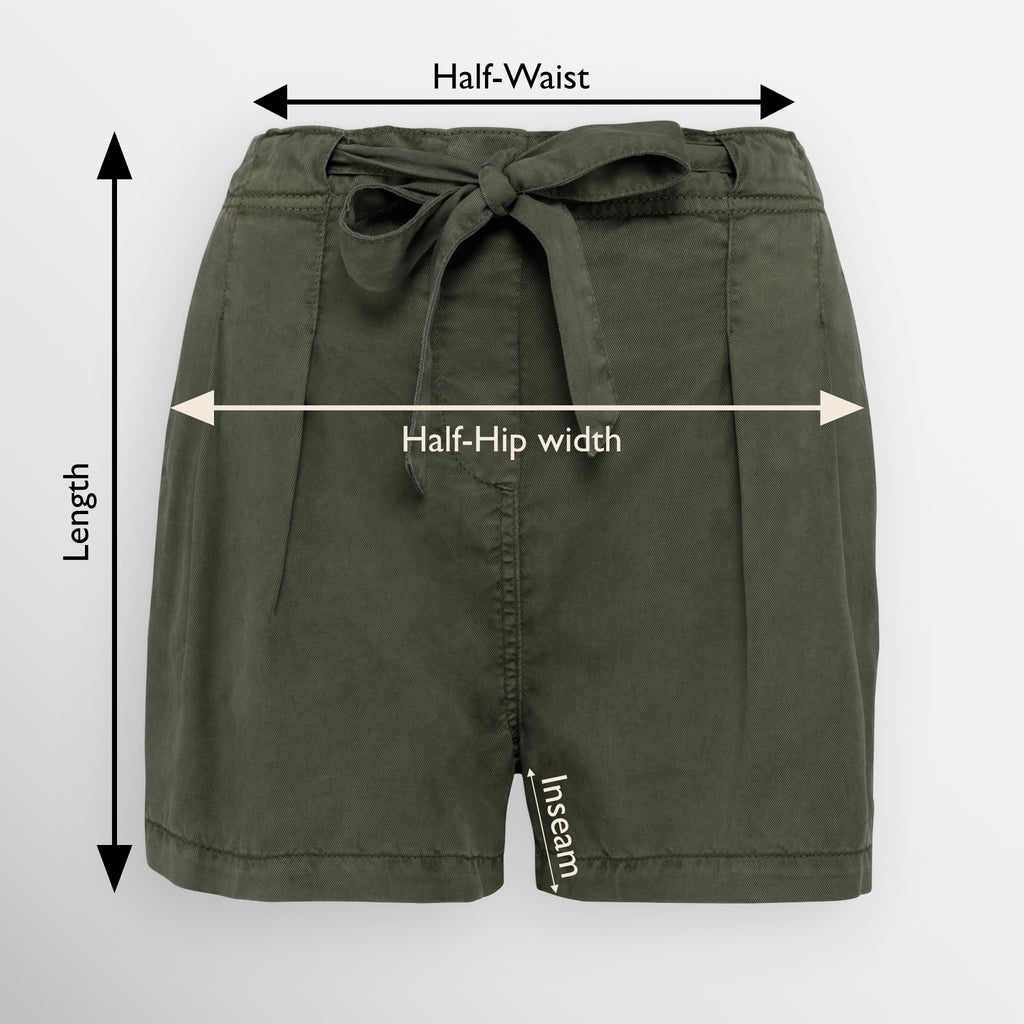 Size guide image for women's Tencel string bow shorts showing how to measure the half-waist size, the half-hip size, the inseam length, and the length of the shorts.