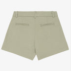 Women's almond green coloured chino shorts with a recycled button closure, and recycled metal zip, belt loops, and back pockets, shown flat against a neutral background.