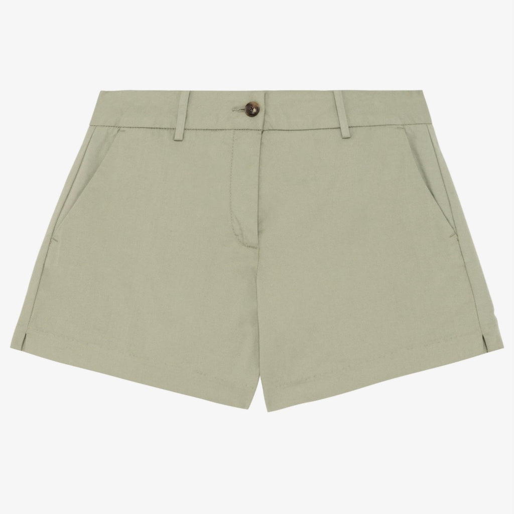 Women's almond green coloured chino shorts with a recycled button closure, and recycled metal zip, belt loops, and side pockets, shown flat against a neutral background.