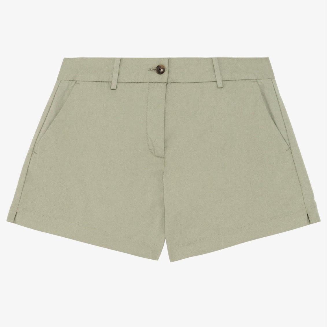 Women's almond green coloured chino shorts with a recycled button closure, and recycled metal zip, belt loops, and side pockets, shown flat against a neutral background.