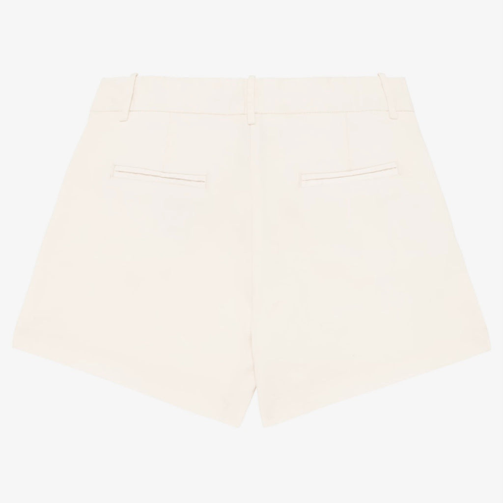 Women's ivory coloured chino shorts with a recycled button closure, and recycled metal zip, belt loops, and back pockets, shown flat against a neutral background.