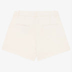 Women's ivory coloured chino shorts with a recycled button closure, and recycled metal zip, belt loops, and back pockets, shown flat against a neutral background.