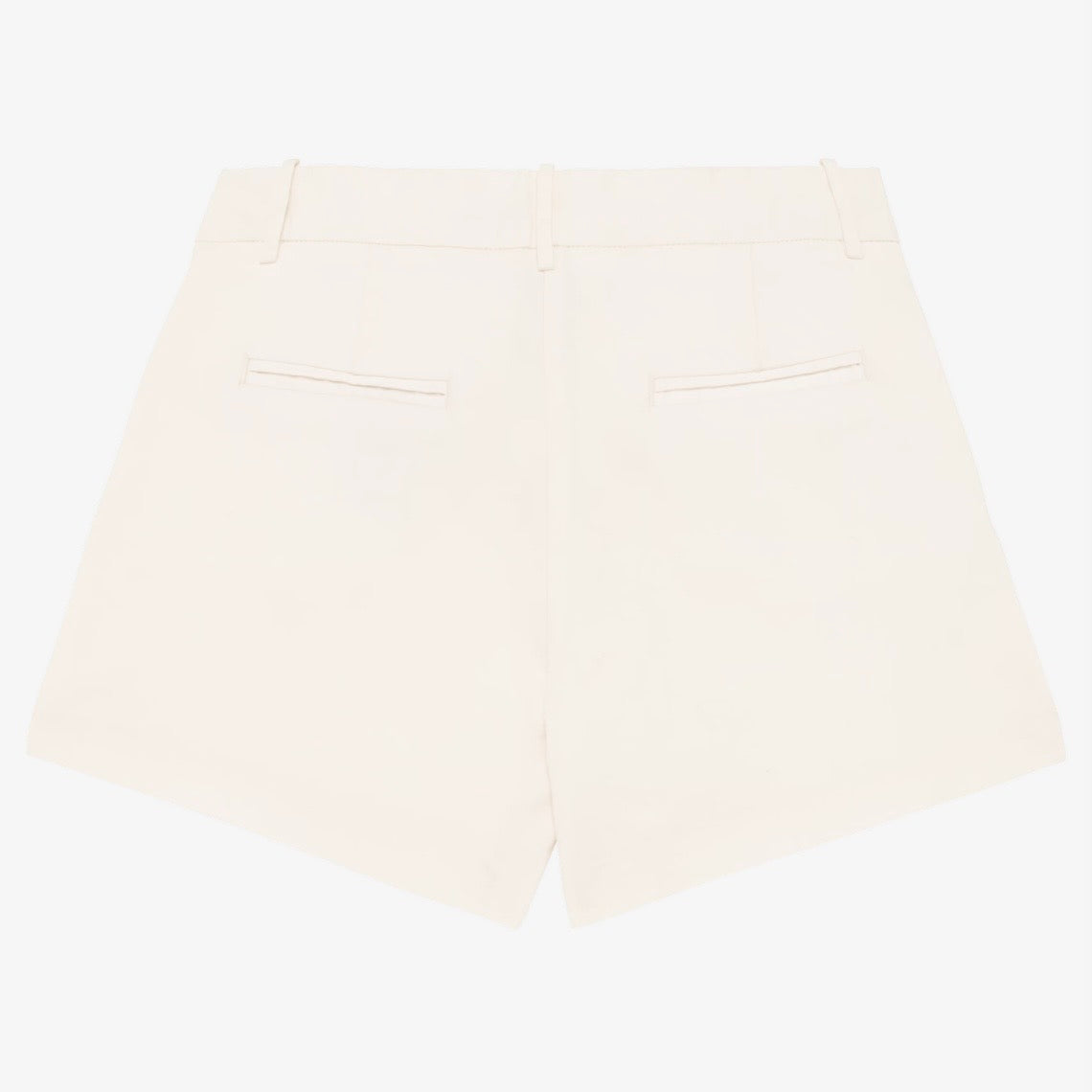 Women's ivory coloured chino shorts with a recycled button closure, and recycled metal zip, belt loops, and back pockets, shown flat against a neutral background.