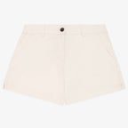 Women's ivory coloured chino shorts with a recycled button closure, and recycled metal zip, belt loops, and side pockets, shown flat against a neutral background.